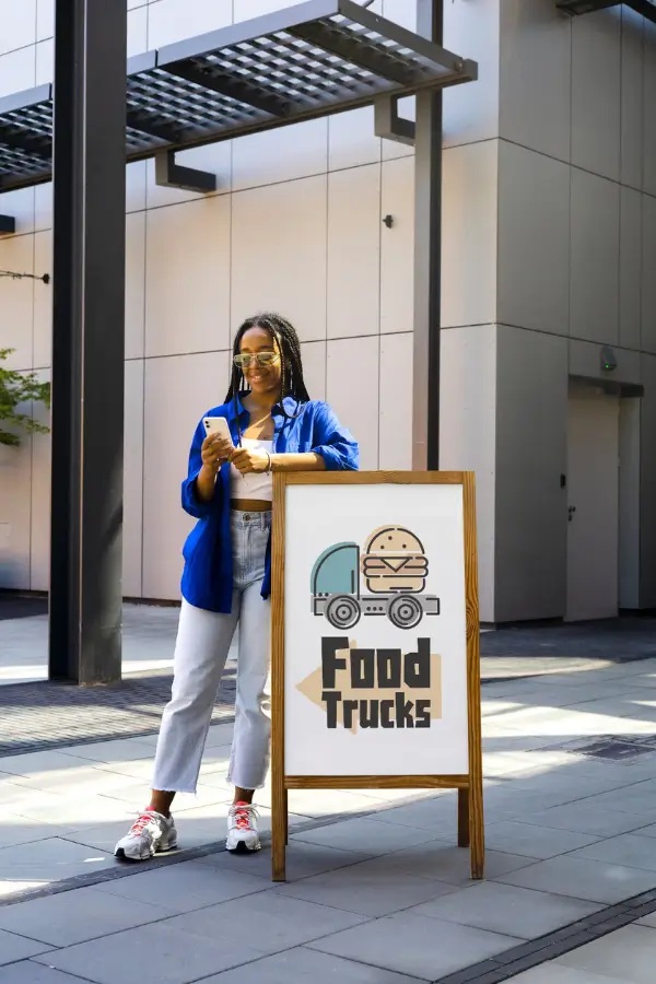 Panneau "Food Truck" avec une femme à côté